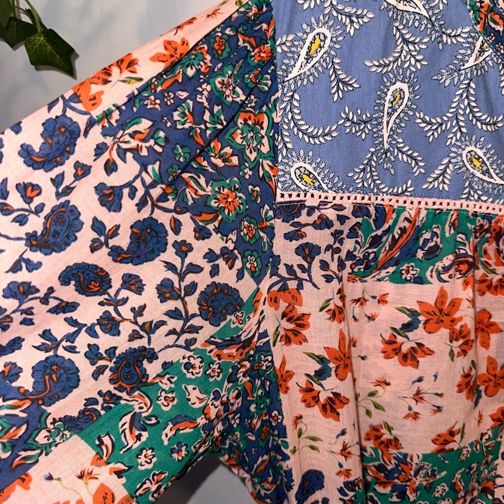 Umgee Mixed Floral Patchwork Tie-Waist Dress in Pink, Green & Blue - Picture 3 of 7